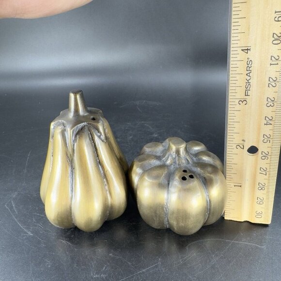 Heavy Ceramic Metallic Glaze Salt And Pepper Shaker Set 2 Pumpkin Pair Stoppers - Picture 3 of 12